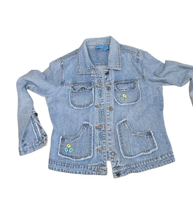 Bci Denim Jacket Size XL Blue Floral Embroidered Distressed