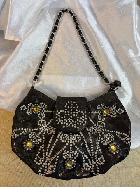Rhinestone Embellished Black Metallic Shoulder Bag with Chain Strap