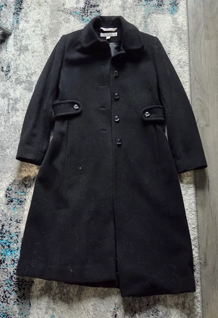 Larry Levine Wool Coat Size 8 Black Merino Long jacket.