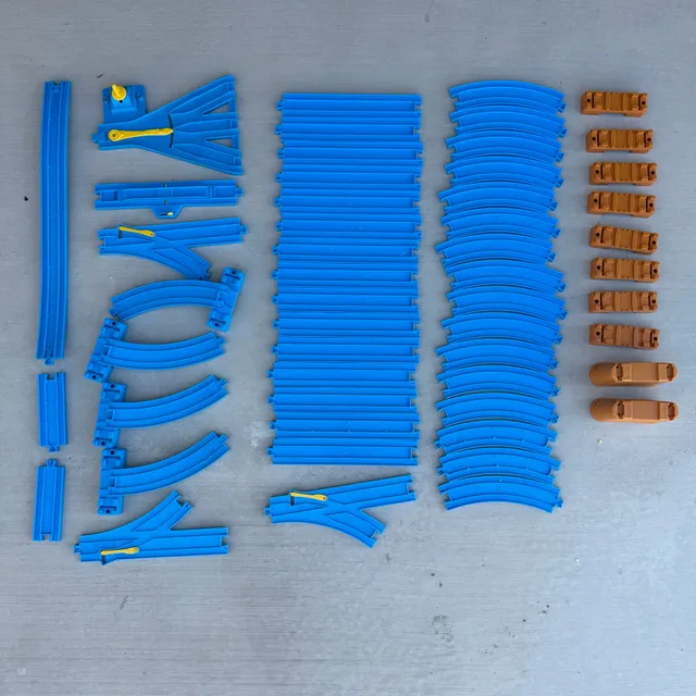 Tomy Plarail Train Track Lot of 53 Blue Curved Straight Switches Piers