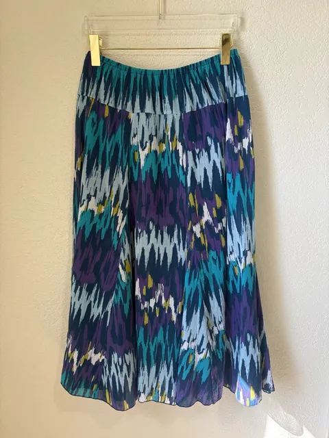 Ruby Rd. Skirt Size 10P Blue Teal Purple Ikat Print Cotton Midi
