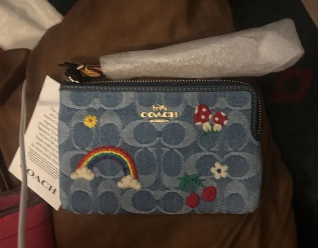Coach Signature Denim Embroidered Rainbow Mushroom Corner Zip Wristlet