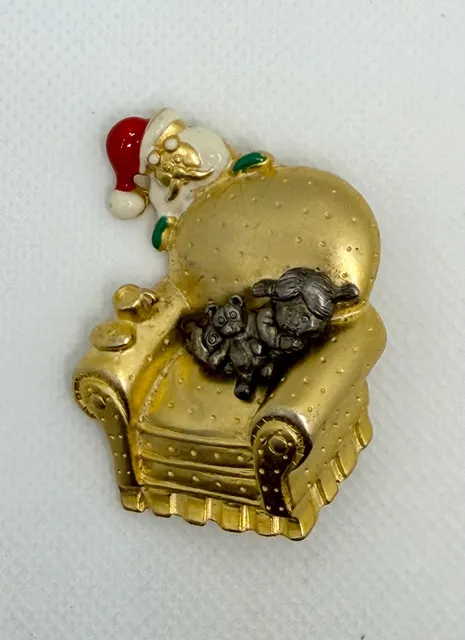 Vintage Danecraft Santa and Child Whimsical Chair Christmas Brooch Pin Gold Tone