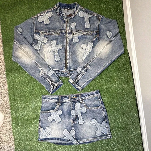 Rehab Lab Denim Jacket And Skirt Set Size S Cross Patches Blue