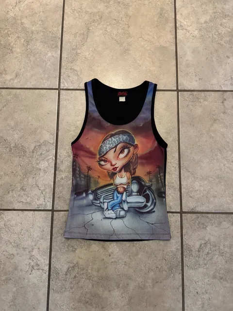 Sinful Graphic Tank Top Size L Y2K Chicana Biker Girl