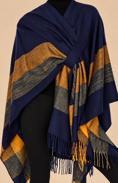 Women Plaid Shawl Wrap Warm Cardigan Poncho Cape Navy Blue