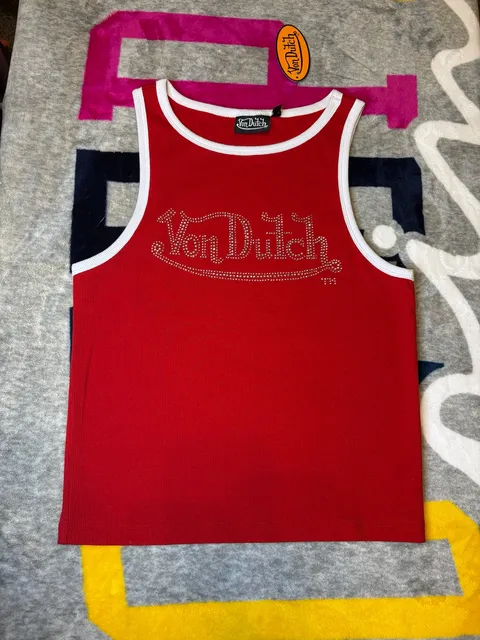NWT Von Dutch Rhinestone Tank Top Size L Red White Ribbed Y2K
