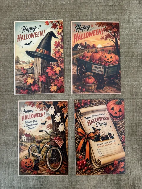 Vintage Style Halloween Postcards/Art Set of 4