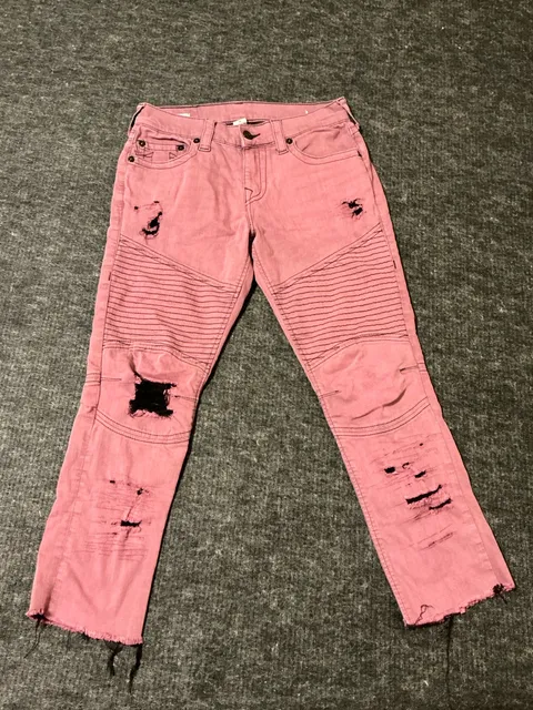 True Religion Geno Relaxed Slim Moto Jeans Womens Size 30 Pink Distressed