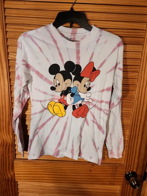 Disney Mickey & Minnie Mouse Long Sleeve Tie Dye Graphic Tee Shirt XS Pink White