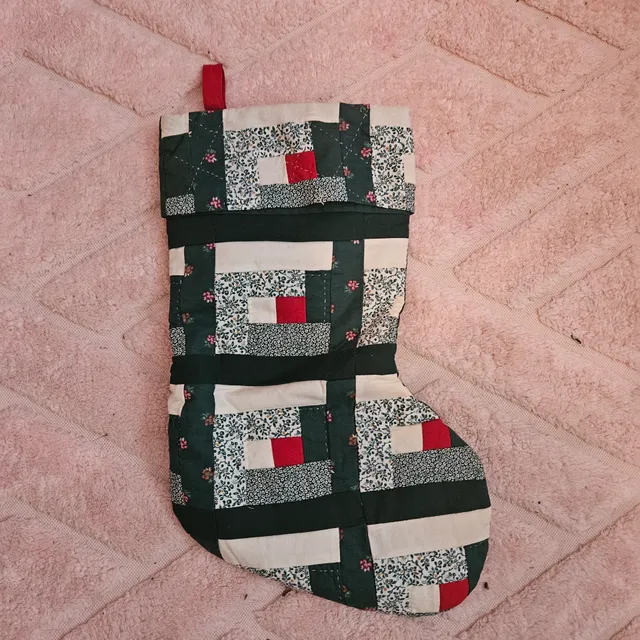 Vintage American Pacific Patchwork Quilted Christmas Stocking Log Cabin Country