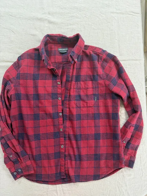 Eddie Bauer Flannel Plaid Button-Down Shirt Size L, Red and Blue