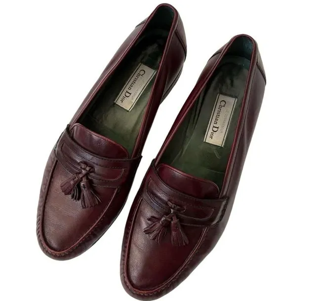 Christian Dior Tassel Loafers Size 12 D Burgundy Leather Dress Shoes