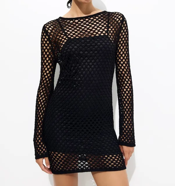 Pull&Bear Crochet Dress Size XS Black Open Knit Mini Dress