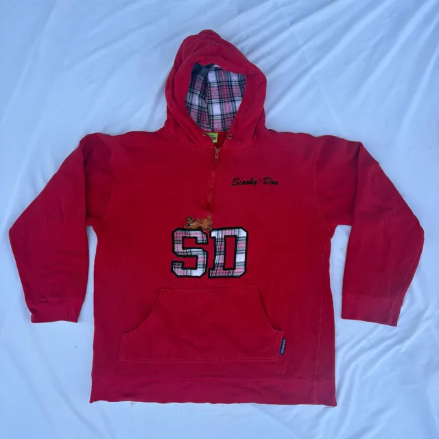 VTG Scooby Doo Hoodie Small Cartoon Network Plaid Red 1/4 Zip Sweatshirt Y2K