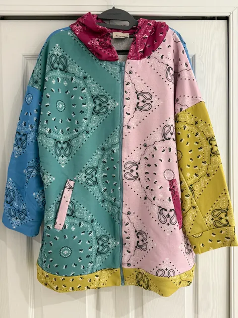 Oversized Dixie Multicolored Bandana Patchwork Zip Hoodie