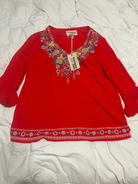 Savanna Jane Cottagecore Embroidered Blouse Size L Red Boho Top