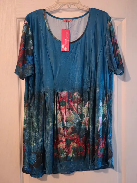 NWT Simply Aster Tunic Length Top Dress Sz 4X Blue Floral Short Sleeve