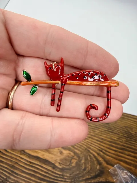 Red Cat On Branch Enamel Brooch Pin