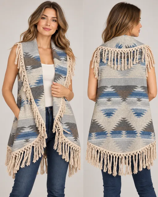 Women’s Entro wool blend Aztec Fringe Open Front Vest Size S 