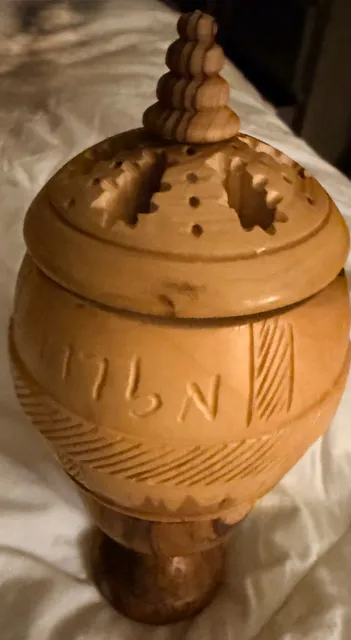 Handcrafted Olive Wood Carved Incense Burner Jar with Chalice