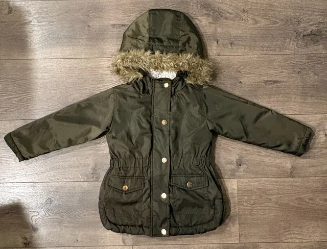 C&C California Winter Coat Size 3T Green Faux Fur Hood Parka Jacket