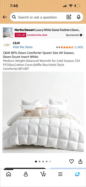 C&W Embrace Down Comforter Queen Size 90x90in White