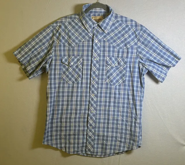 Wrangler Western Shirt Size L Blue Plaid Short Sleeve