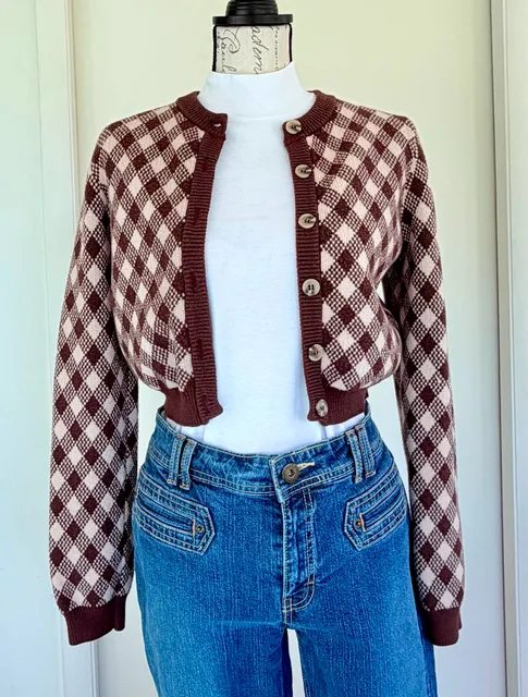 Cotton Candy LA  Women’s Cardigan Sweater Brown Argyle Cropped  Size Large