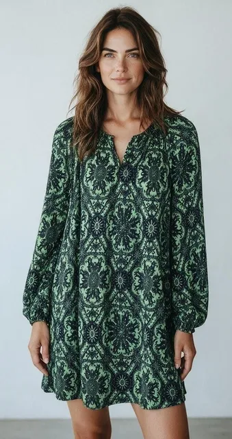 Loft Long Sleeve Dress Size M Green Black Printed