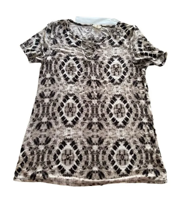 Dept 22 T-Shirt Size M Black White Tie Dye Lace Up Neck Short Sleeve