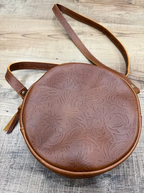 Portland Leather Goods Circle Crossbody Bag Tooled Floral Brown Leather Large