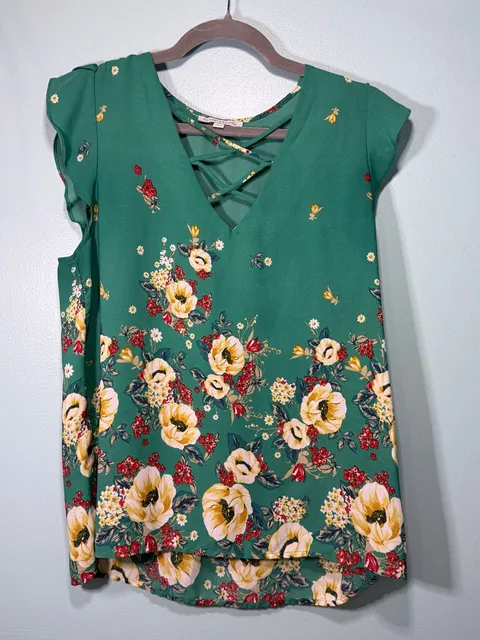 Crescent & Willoughby Blouse Size L Green Floral Criss Cross Neck