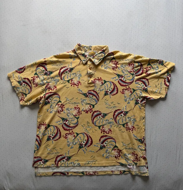 Reyn Spooner Polo Shirt Yellow Marlin Fish Print