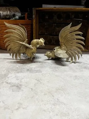 Vintage Mid Century Pair Brass Fighting Roosters