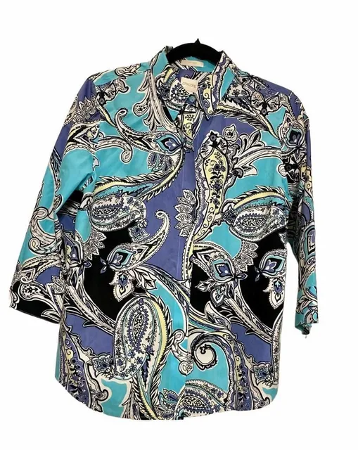 Chico’s Cotton Blue Paisley Tunic Small Coastal Resort Boho Blue Black No Iron Size 0