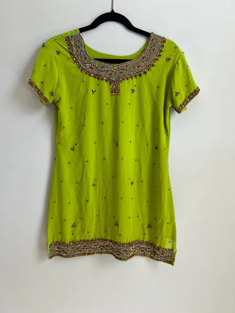 Unbranded Embellished Kurti Tunic Lime Green Beaded Sequin Top