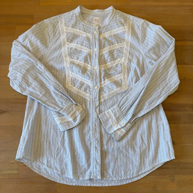 La Vie Rebecca Taylor Lace Inset Pinstripe Button Down Blouse Top Blue White S