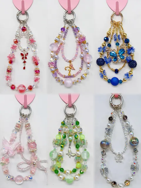 6 pieces Beaded Phone Charm with Butterfly Charm