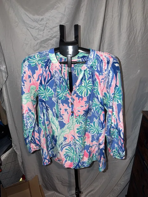 Lilly Pulitzer Silk Blouse Size S Blue Floral Long Sleeve