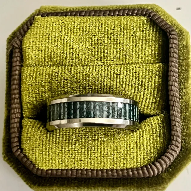 Tungsten Titanium Ring with Green Antler Inlay Polished Finish 8mm Band Size 11