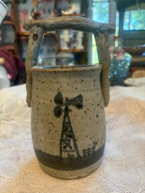 Tokheim Stoneware Windmill Utensil Crock Ceramic Pitcher