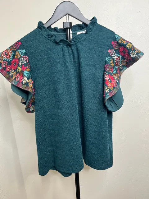 Teal Embroidered Boho Blouse Ruffle Neck and Sleeves