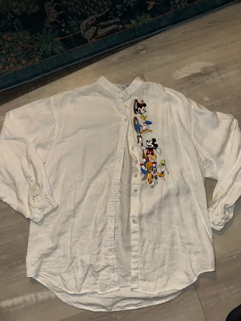 Vintage The Disney Store Mickey And Friends 100% Linen Shirt Large White