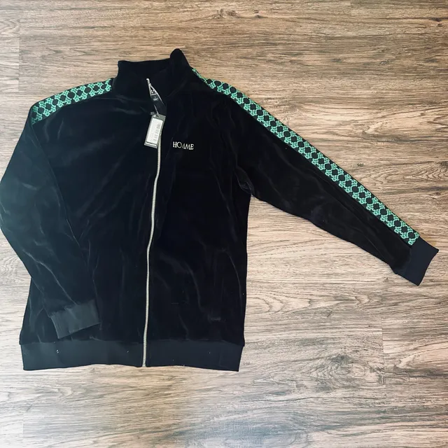 BoohooMAN Homme Velour Track Jacket Size L Black Green Side Tape