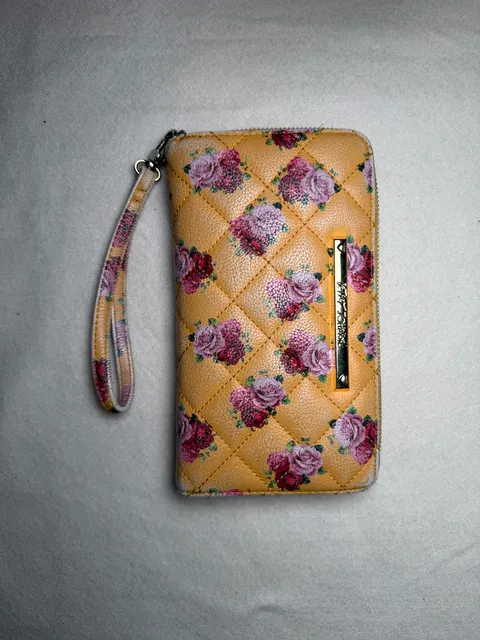 Betsey Johnson Quilted Floral Zip Around Wristlet Wallet Mustard Yellow