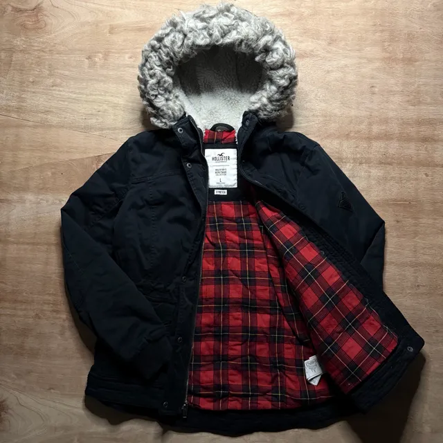 Hollister Heritage Black Faux Fur Hooded Parka Jacket Plaid Lined Size L