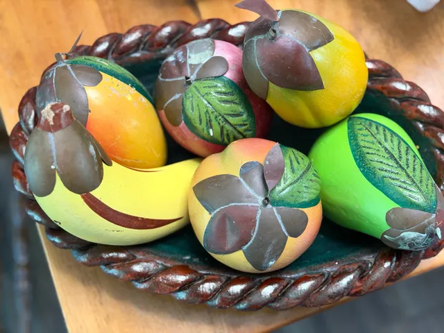 Vintage Hand-Carved Wooden Fruit Set with Basket Bowl