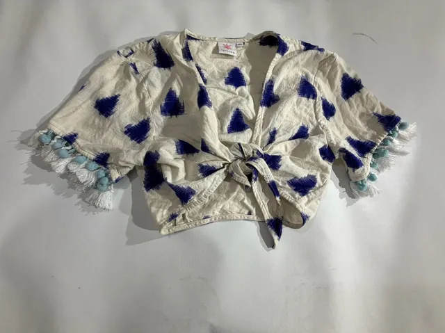 Tessora Blue White Ikat Printed Tie Front Fringe Crop Top XS