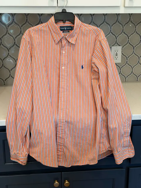 Ralph Lauren Custom Fit Striped Long Sleeve Button-Down Shirt XL Orange